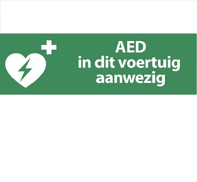 Sticker AED in dit voertuig aanwezig